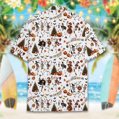 White halloween, thanksgiving, christmas hawaiian shirt with skeletons, back view