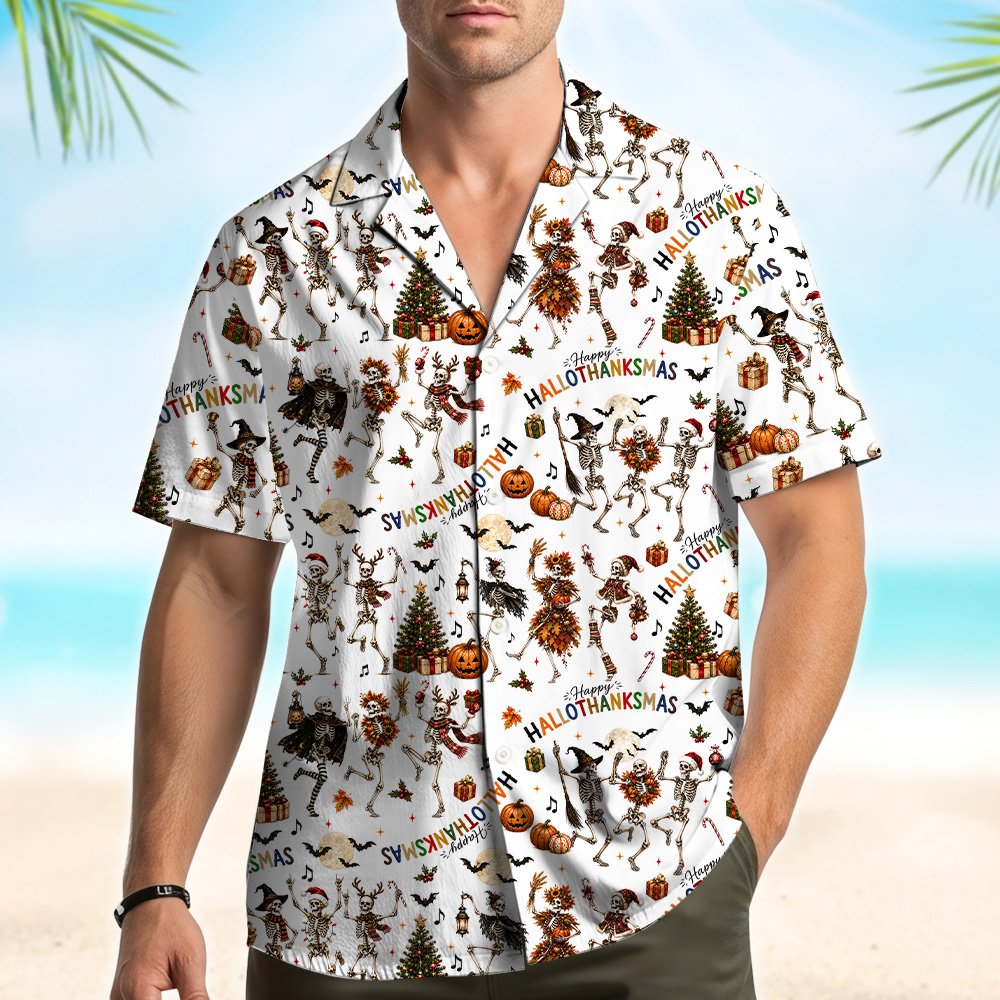 White halloween, thanksgiving, christmas hawaiian shirt with skeletons, alternate front view