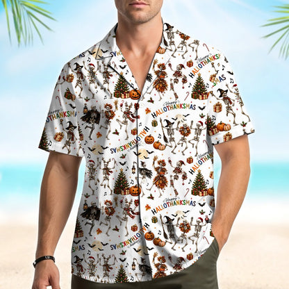 White halloween, thanksgiving, christmas hawaiian shirt with skeletons, alternate front view