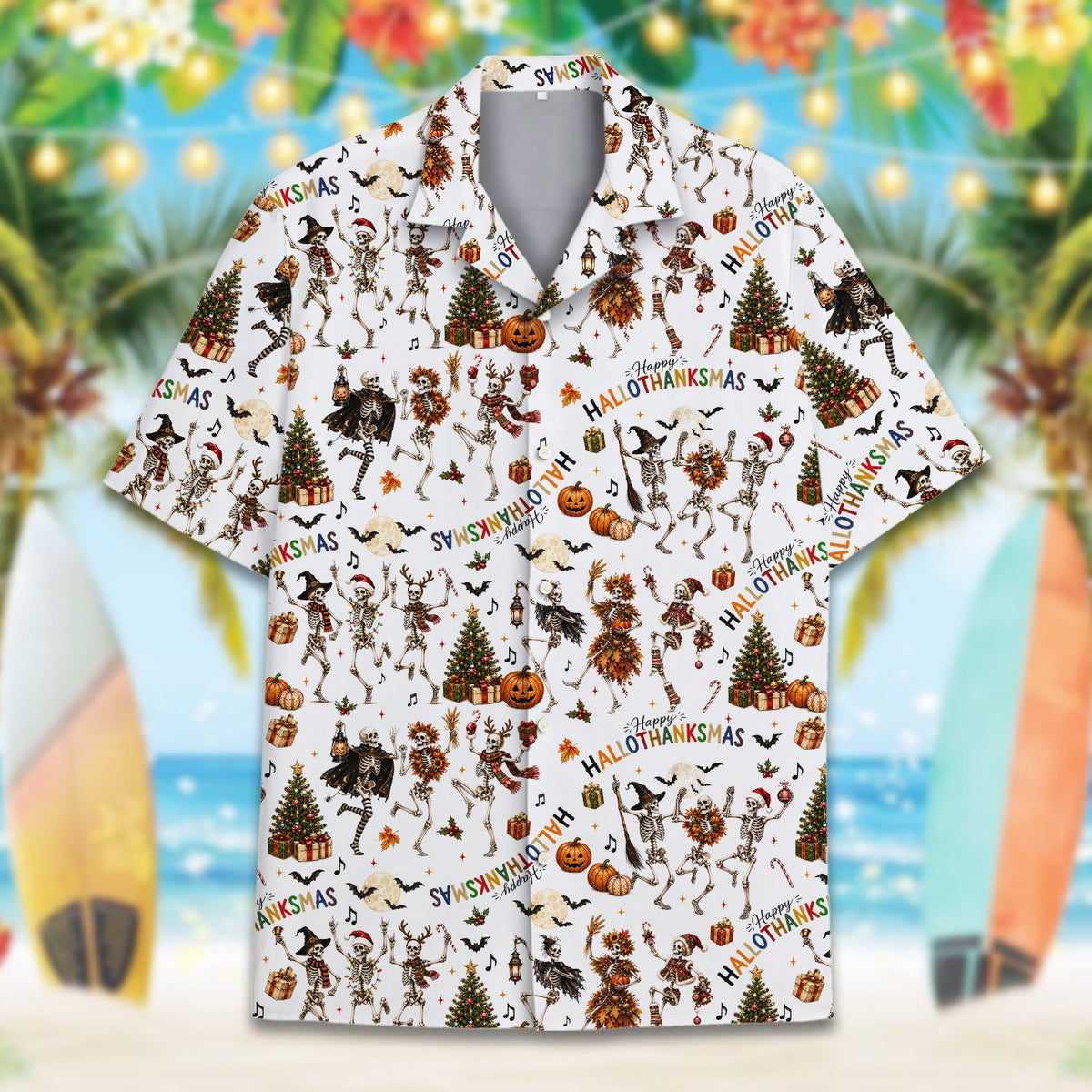 White halloween, thanksgiving, christmas hawaiian shirt with skeletons, detailed front view