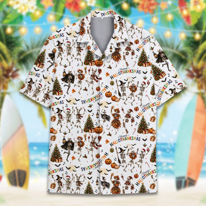 White halloween, thanksgiving, christmas hawaiian shirt with skeletons, detailed front view