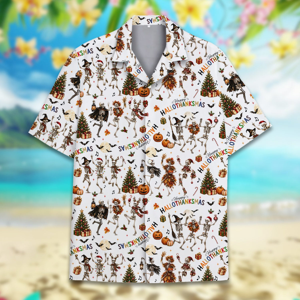White halloween, thanksgiving, christmas hawaiian shirt with skeletons, close-up front view