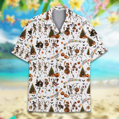 White halloween, thanksgiving, christmas hawaiian shirt with skeletons, close-up front view