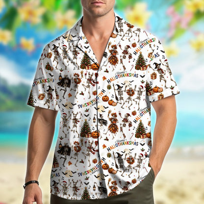 White halloween, thanksgiving, christmas hawaiian shirt with skeletons, main view