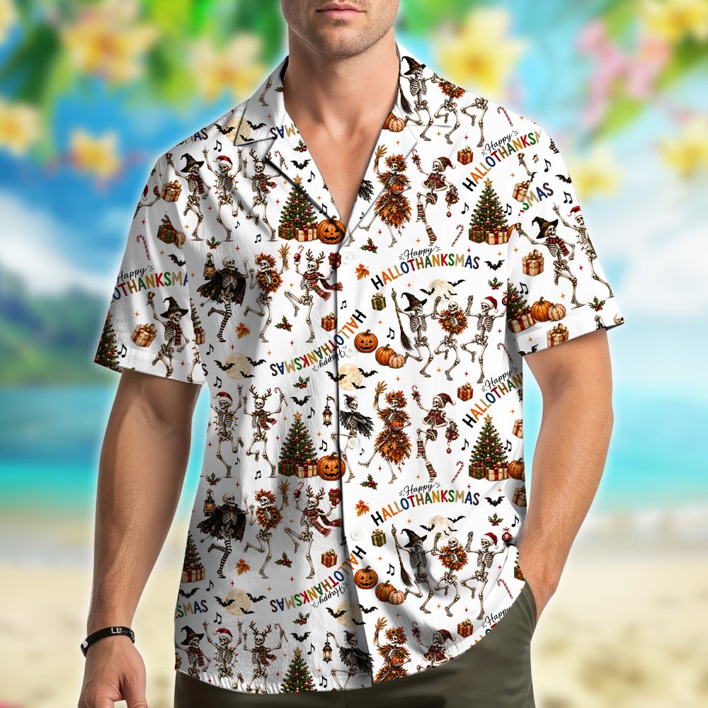 White halloween, thanksgiving, christmas hawaiian shirt with skeletons, front view