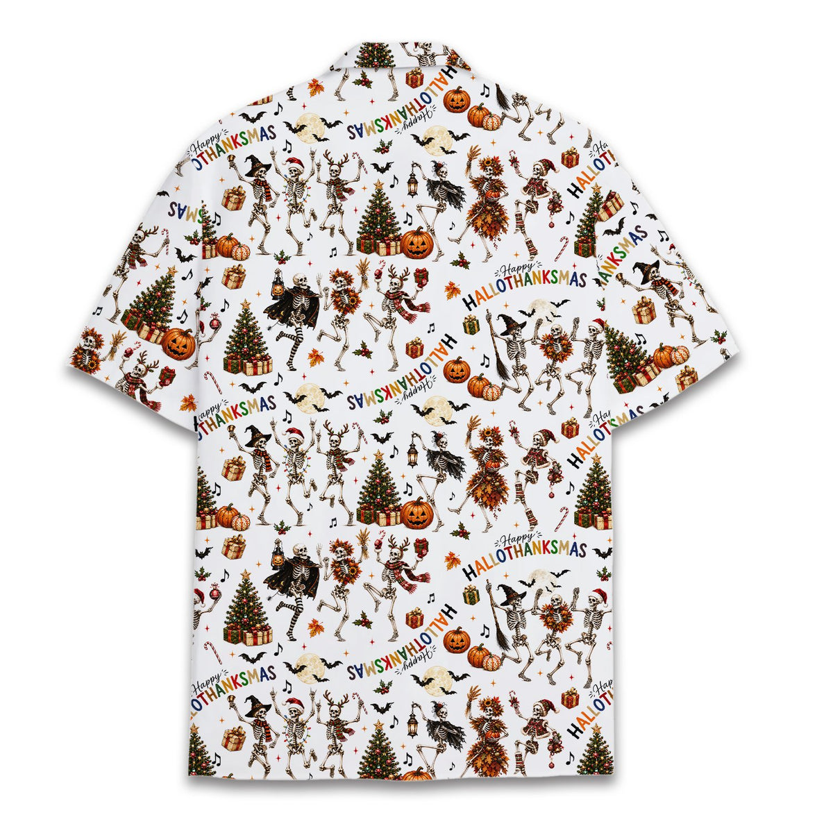 Lifestyle view 2 of matching family hawaiian shirts with skeleton design