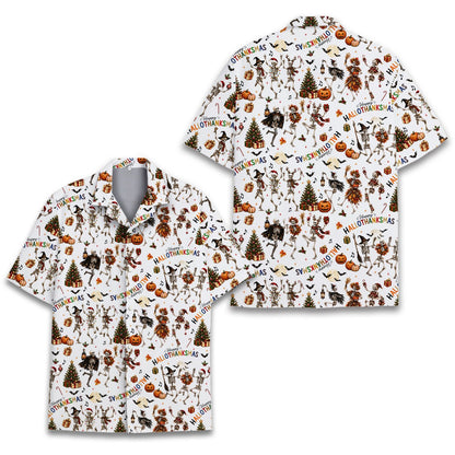 Lifestyle view 3 of matching family hawaiian shirts with skeleton design