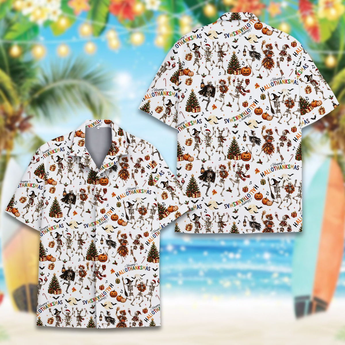Lifestyle view 4 of matching family hawaiian shirts with skeleton design
