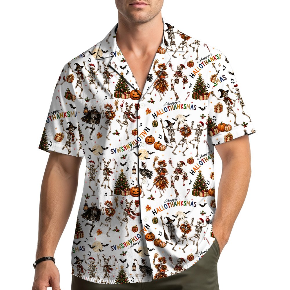 Lifestyle view of matching family hawaiian shirts with skeleton design