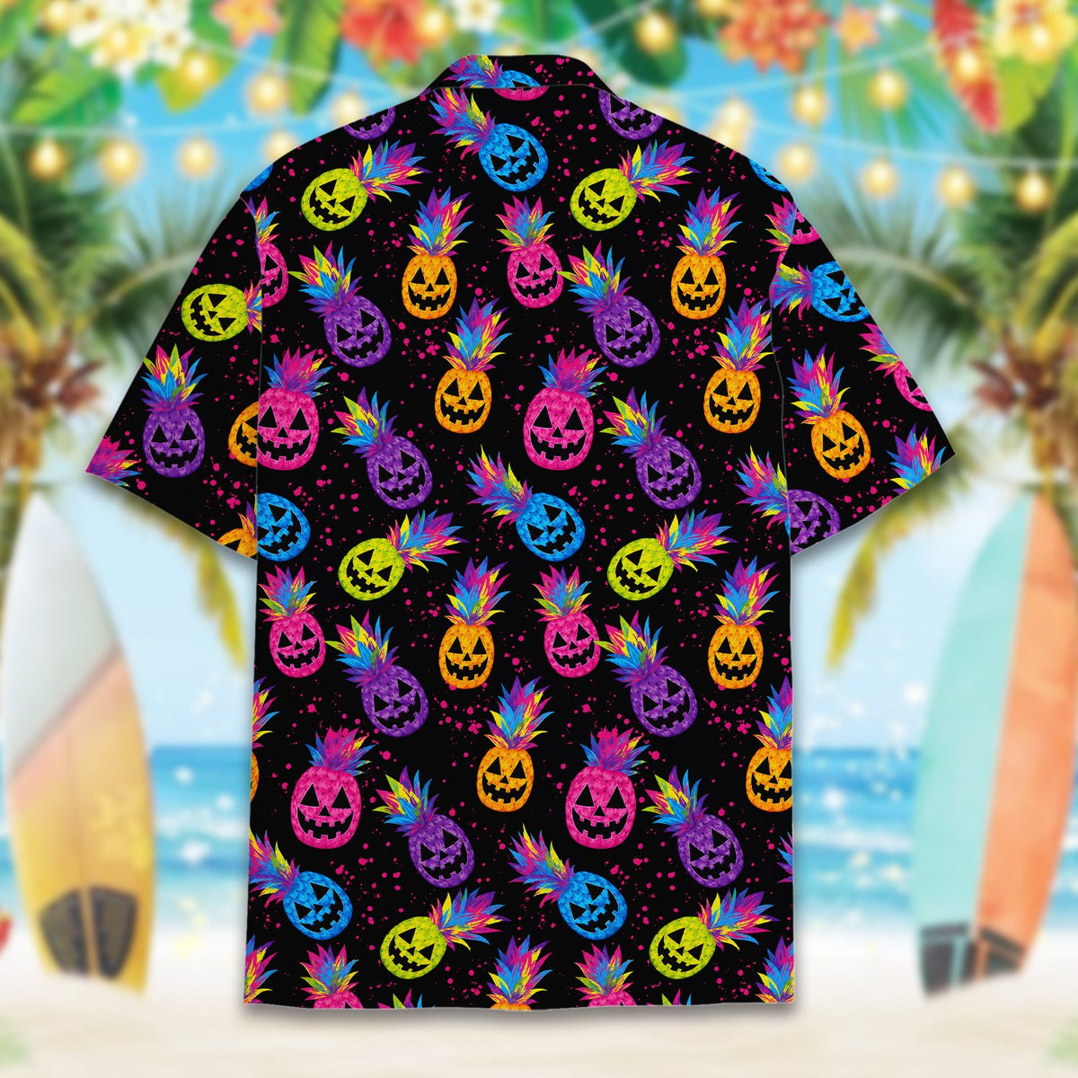 Back view of the black neon pineapple halloween hawaiian shirt
