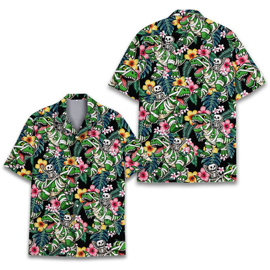 Halloween tropical hawaiian shirt featuring a mummy T-Rex and hibiscus pattern, main front view