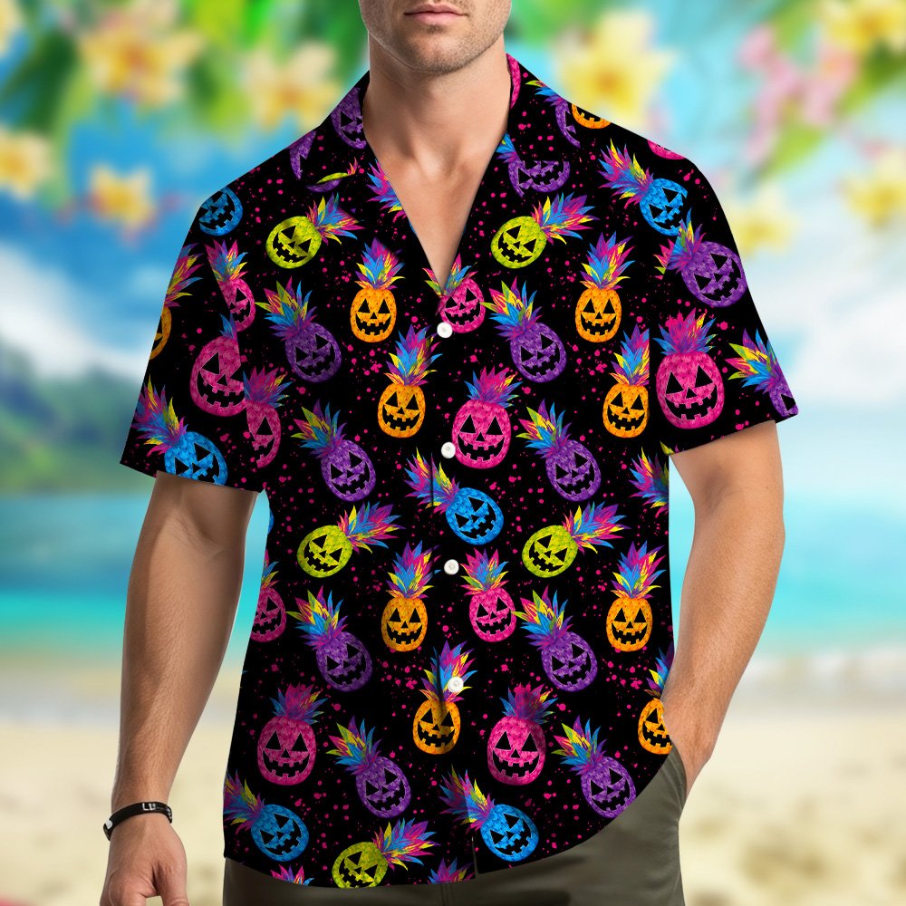 Family matching outfits featuring neon pineapple hawaiian shirts