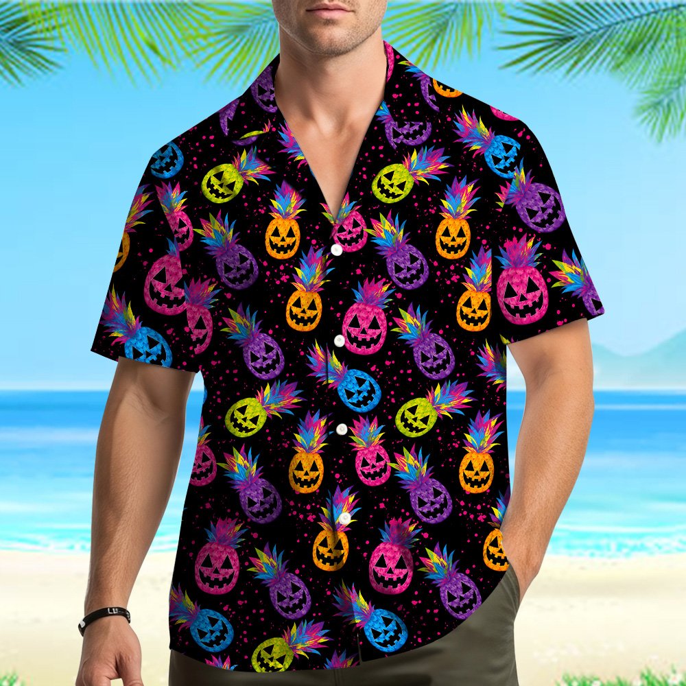Lifestyle view of the halloween hawaiian shirt outdoors