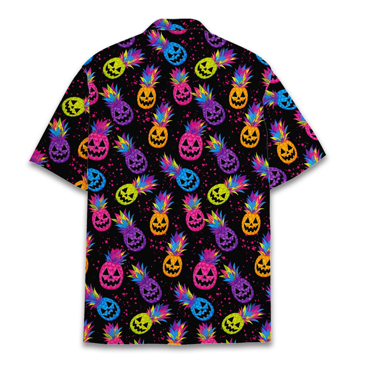 Group wearing vibrant tropical halloween shirts