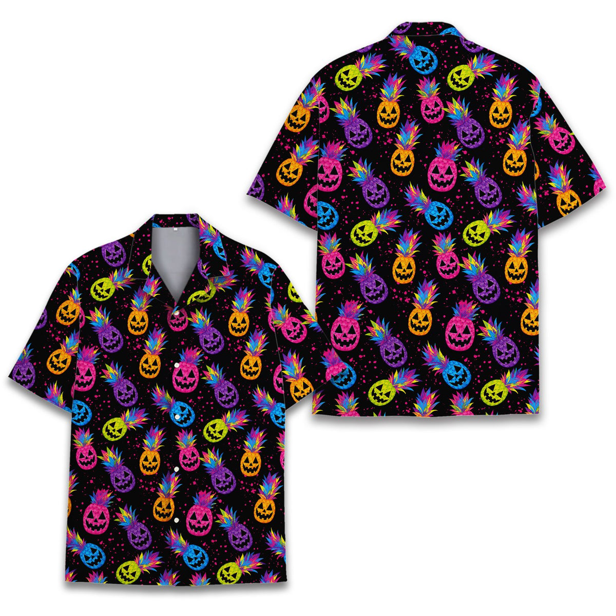 Halloween hawaiian shirt lifestyle shot with neon jack-o'-lantern pineapples