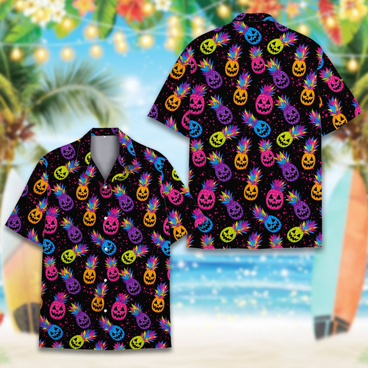 Family enjoying the spooky season in matching family hawaiian shirts