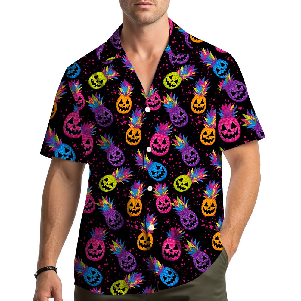 Lifestyle view of a family wearing matching halloween tropical hawaiian shirts