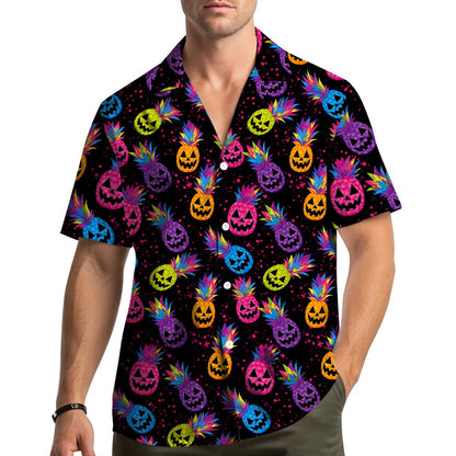 Lifestyle view of a family wearing matching halloween tropical hawaiian shirts