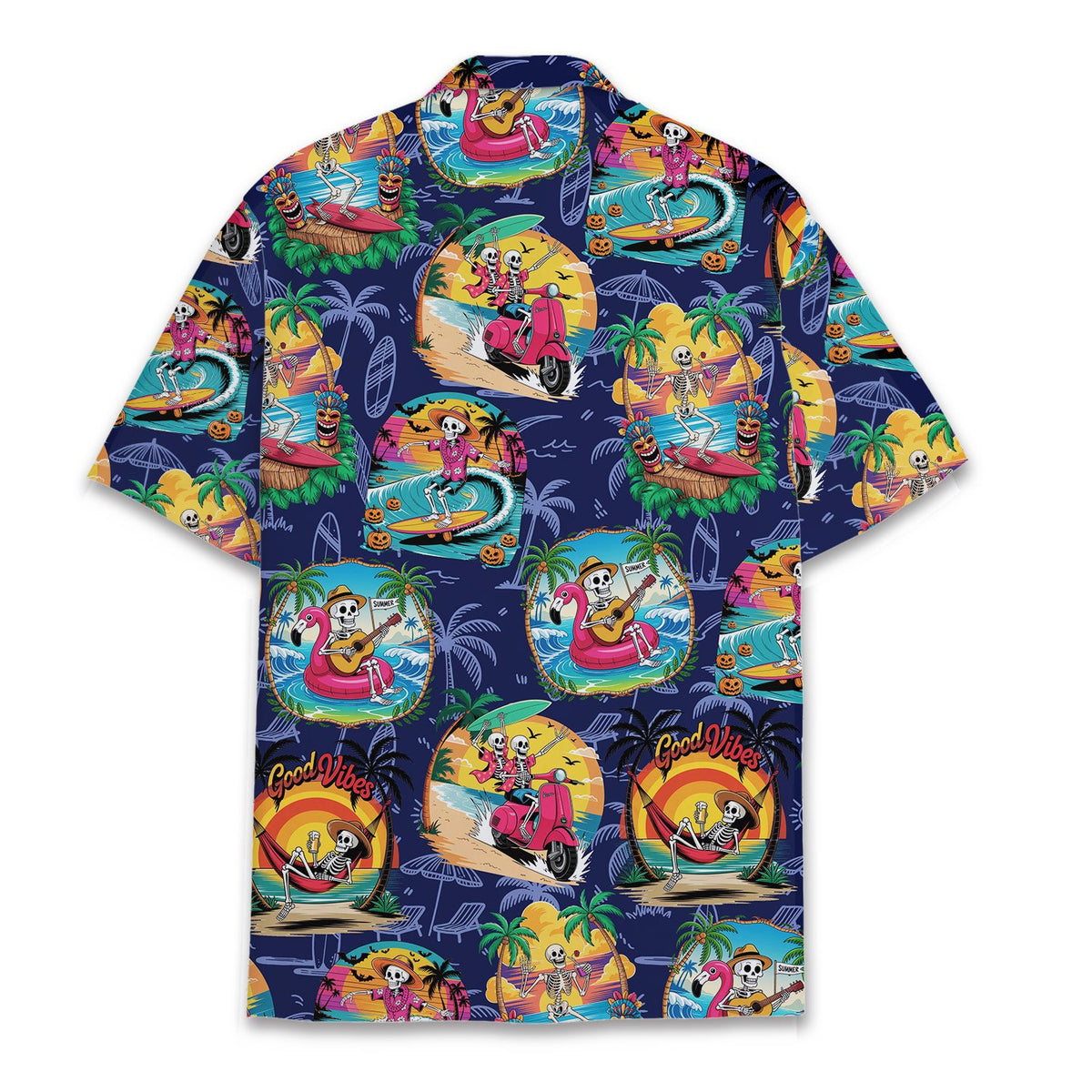 Back view of the Halloween tropical Hawaiian shirt