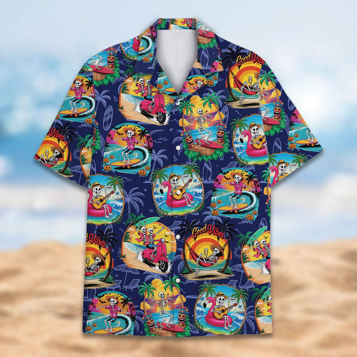 Detailed front view of the Halloween tropical Hawaiian shirt showing surfing skeletons
