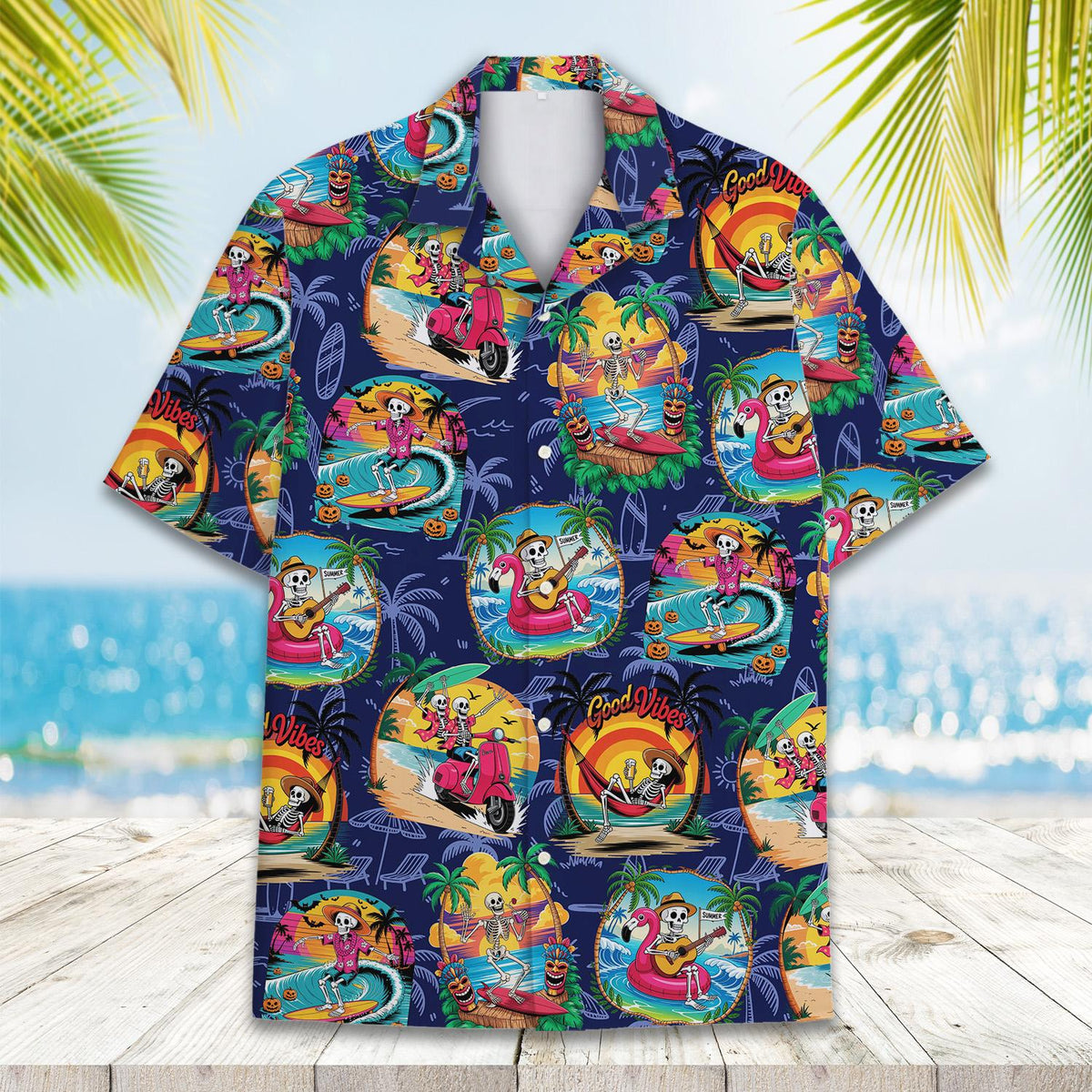 Close up front view of the Halloween tropical Hawaiian shirt showing flamingo float skeleton