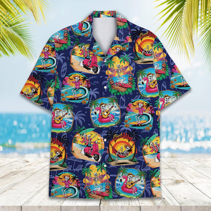 Close up front view of the Halloween tropical Hawaiian shirt showing flamingo float skeleton