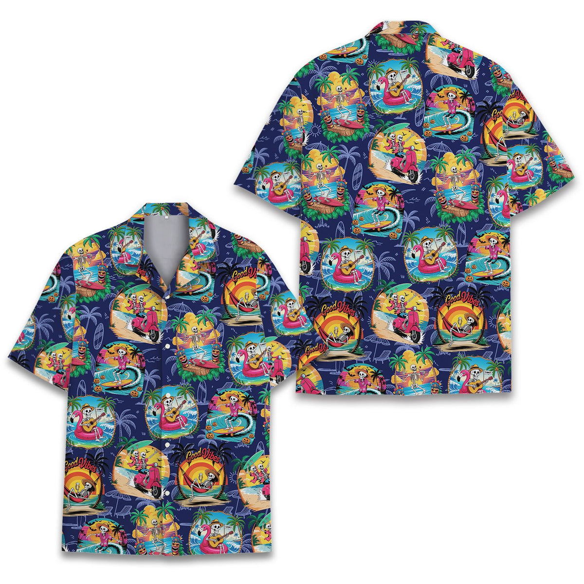 Another front view of the Halloween tropical Hawaiian shirt