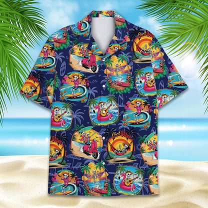 Navy Halloween tropical Hawaiian shirt with skeleton pattern, front view
