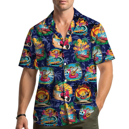 Second lifestyle view of someone wearing the matching family Hawaiian shirts with Halloween tropical design