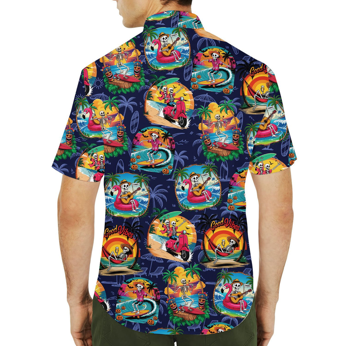 Lifestyle view of someone wearing the matching family Hawaiian shirts with Halloween tropical design