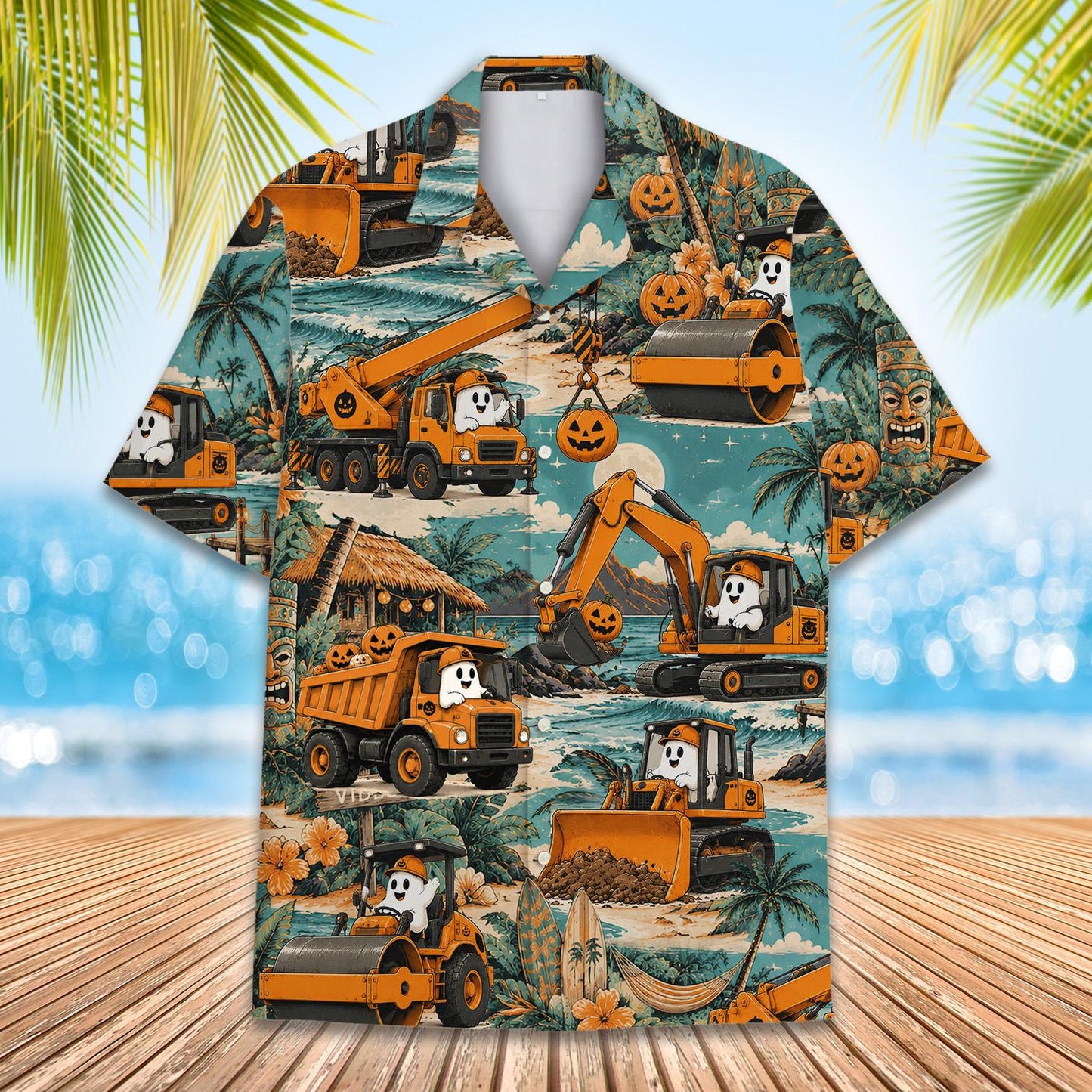 Teal halloween hawaiian shirt angled view