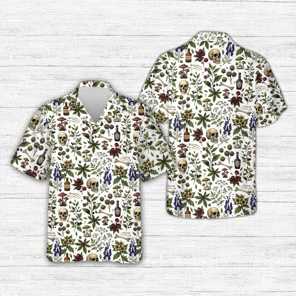 Front view of the white Halloween Hawaiian shirt with skulls and mushrooms