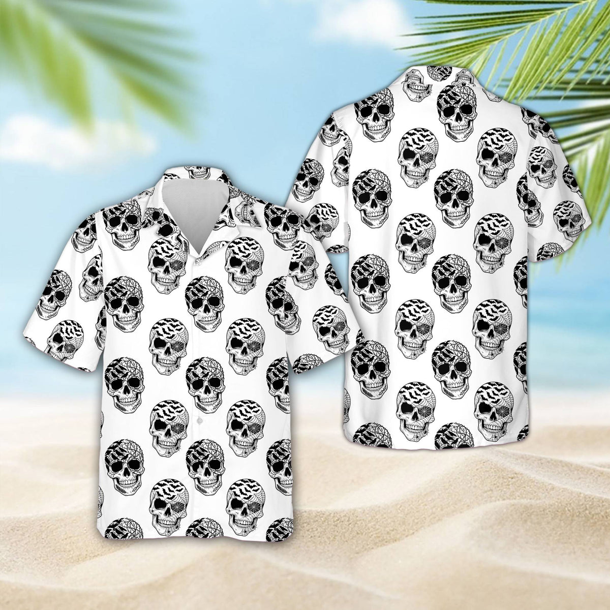 White halloween hawaiian shirt featuring stylized skulls pattern, front view
