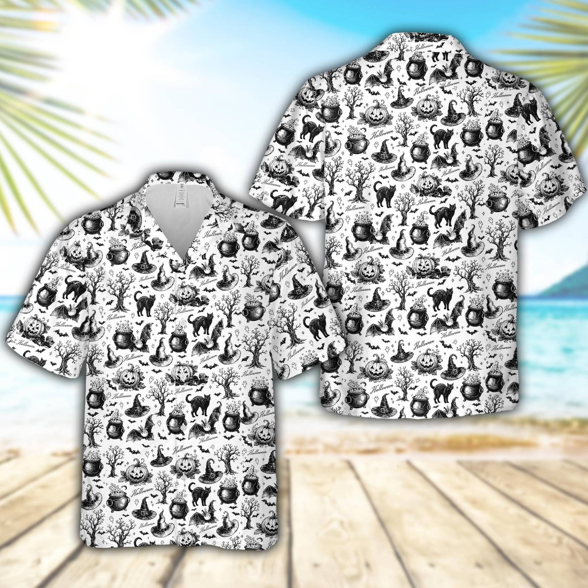 Another front view of the holiday Hawaiian shirt featuring spooky trees and cauldrons