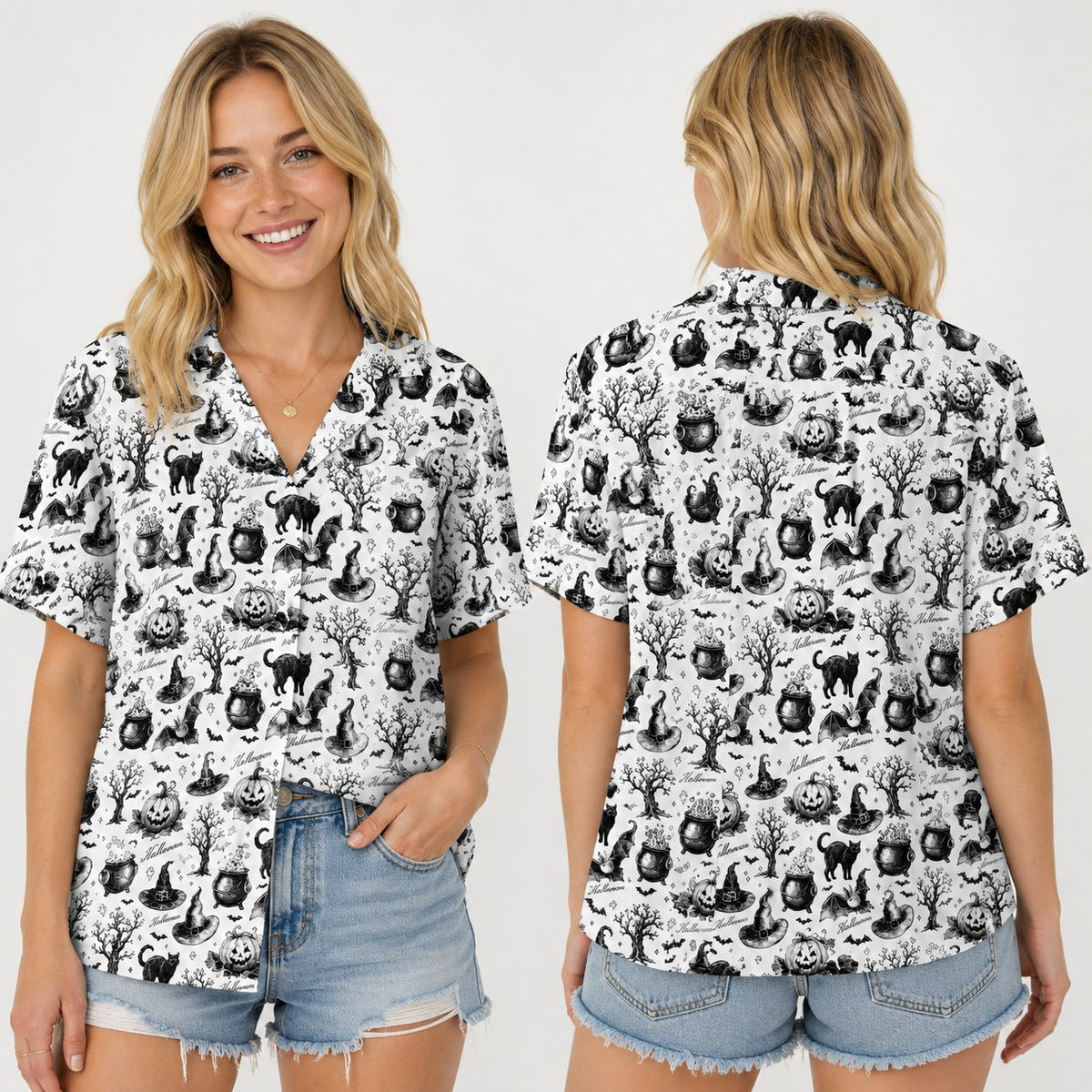 Front view of the white and black matching family Hawaiian shirt for Halloween