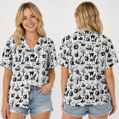 Front view of the white and black matching family Hawaiian shirt for Halloween