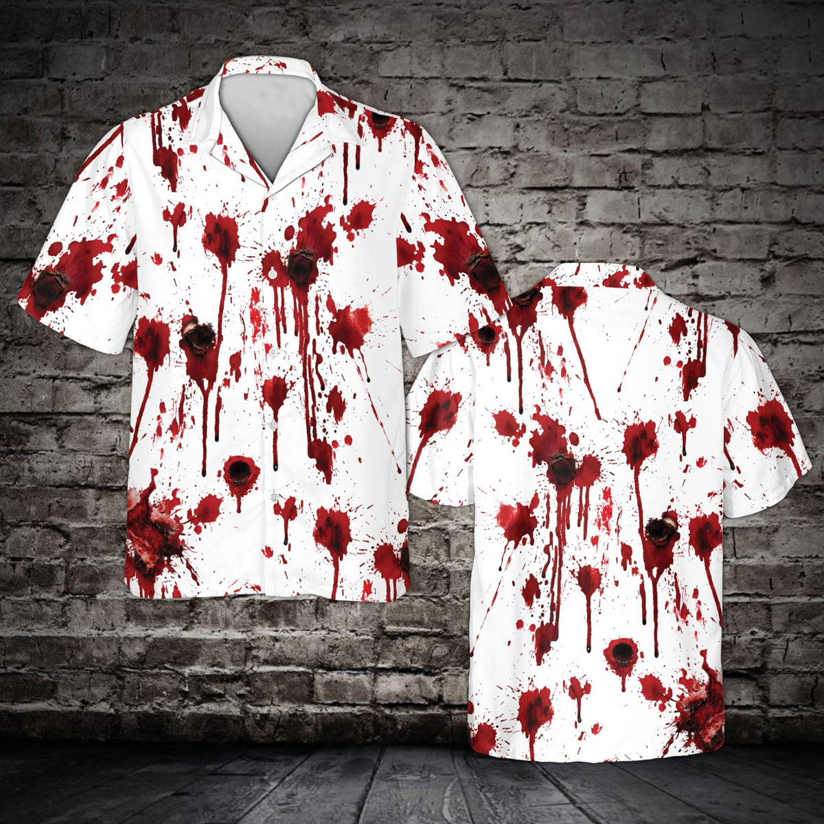 Front view of the white and red blood splatter matching family hawaiian shirt