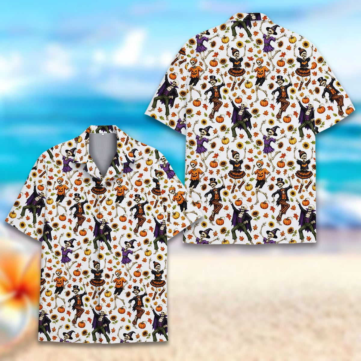 Another front view of the white halloween hawaiian shirt with autumn leaves