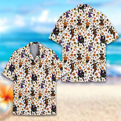 Another front view of the white halloween hawaiian shirt with autumn leaves