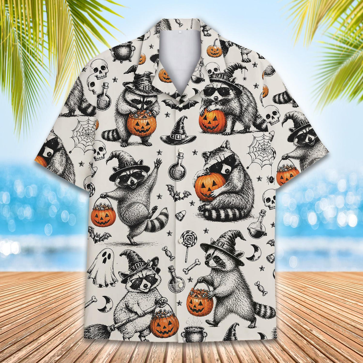Close-up front view of the halloween hawaiian shirt showing cauldron patterns