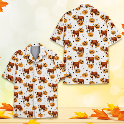 Close-up front view of the halloween cow and pumpkin hawaiian shirt