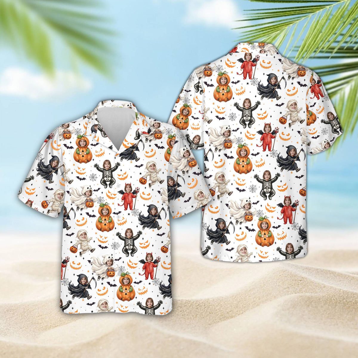 White matching family hawaiian shirt with custom Halloween print, front view