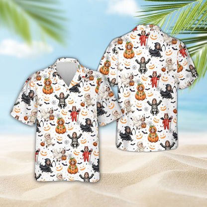 White matching family hawaiian shirt with custom Halloween print, front view