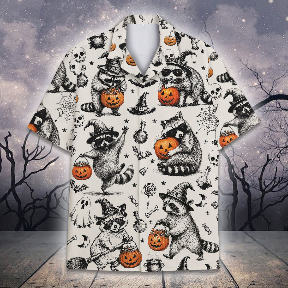 Front angle view of the family hawaiian shirt in white, black, and orange