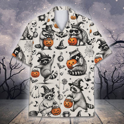 Front angle view of the family hawaiian shirt in white, black, and orange