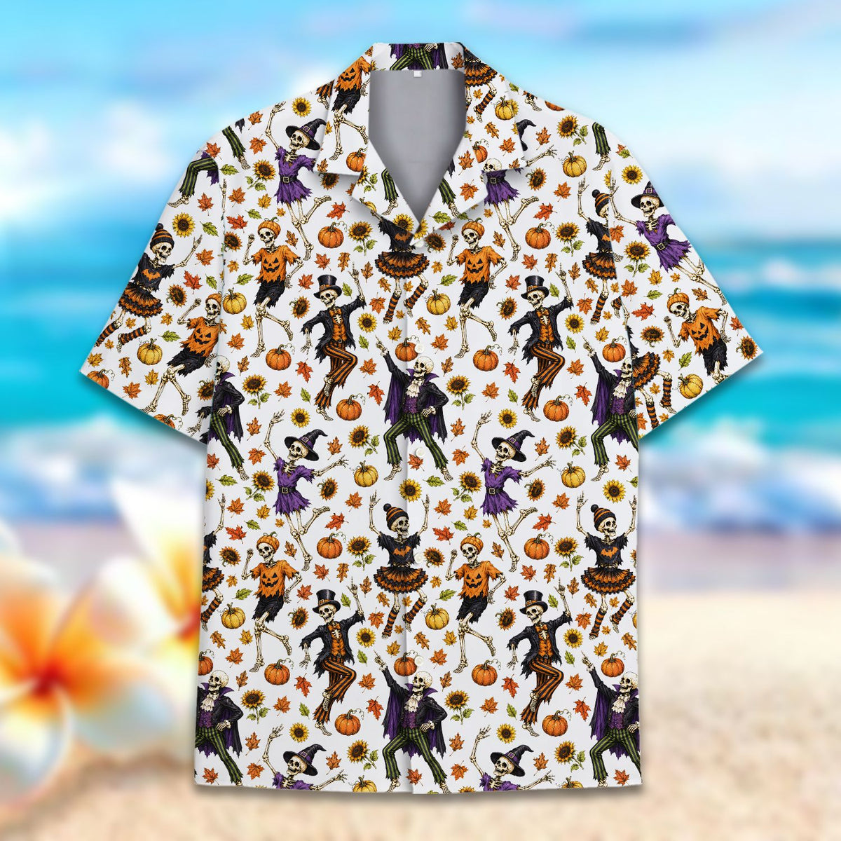 Front view showing button details on the skeleton pattern hawaiian shirt