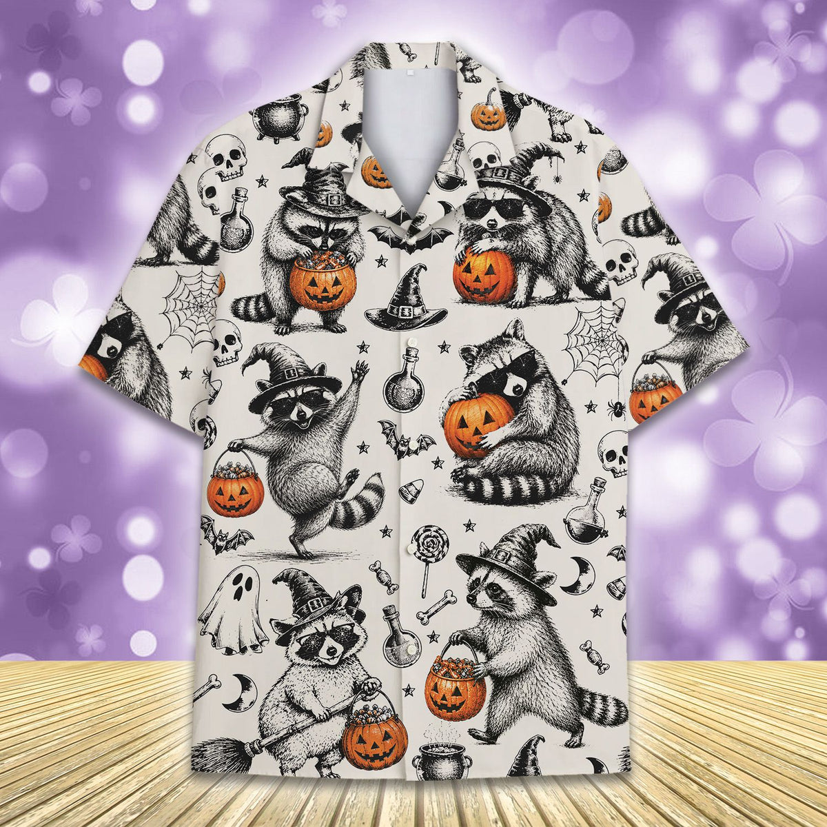 Detailed front view of the witch raccoon halloween hawaiian shirt