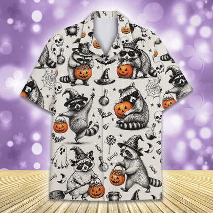 Detailed front view of the witch raccoon halloween hawaiian shirt