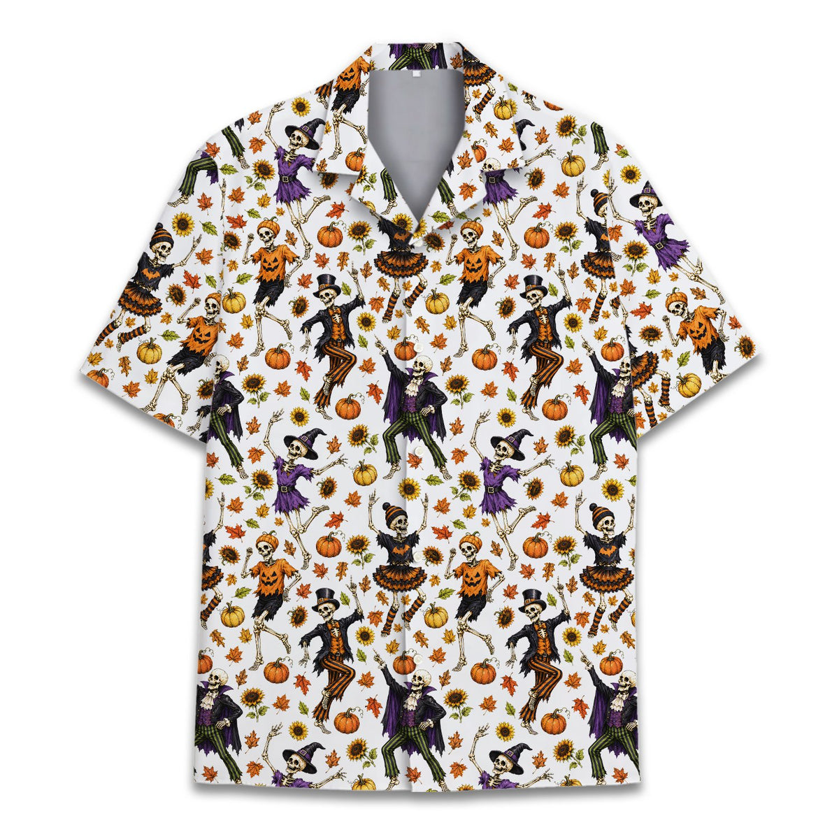 Dancing skeletons halloween hawaiian shirt on white background, main front view