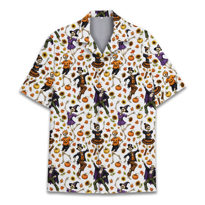 Dancing skeletons halloween hawaiian shirt on white background, main front view